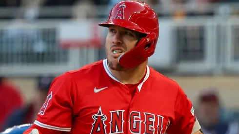 Mike Trout #27 of the Los Angeles Angels reacts after striking out against the Minnesota Twins in the third inning.
