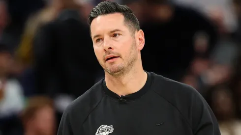 Head coach JJ Redick of the Los Angeles Lakers reacts against the Minnesota Timberwolves in the third quarter of Game Three of the First Round of the 2025 NBA Playoffs.