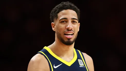 Tyrese Haliburton #0 of the Indiana Pacers reacts against the Miami Heat during the second half at Kaseya Center.
