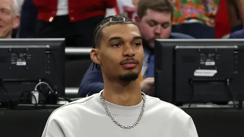 San Antonio Spurs Forward-Center Victor Wembanyama looks on during the first half in the National Championship of the NCAA Men's Basketball