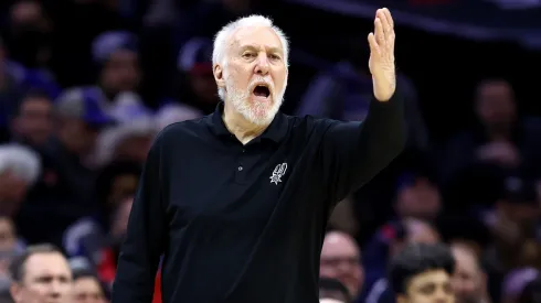 Head coach Gregg Popovich of the San Antonio Spurs reacts during the third quarter against the Philadelphia 76ersat the Wells Fargo Center on January 22, 2024 in Philadelphia, Pennsylvania.
