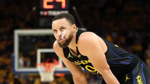 Stephen Curry #30 of the Golden State Warriors reacts against the Houston Rockets during the fourth quarter in Game Six of the Western Conference First Round NBA Playoffs