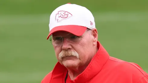 Head coach Andy Reid of the Kansas City Chiefs looks on during a practice ahead of Super Bowl LIX at Tulane University’s Yulman Stadium on on February 06, 2025 in New Orleans, Louisiana.