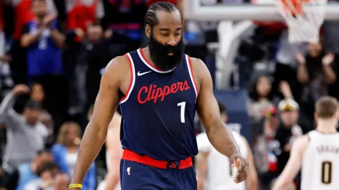 James Harden #1 of the LA Clippers reacts after being charged with a foul during the third quarter in Game Four of the Western Conference First Round NBA Playoffs against the Denver Nuggets at Intuit Dome on April 26, 2025 in Inglewood, California.