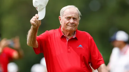 Jack Nicklaus of the United States tips his cap on the 18th hole as he participates in the Folds of Honor Greats of Golf during the second round of the Insperity Invitational in 2024.