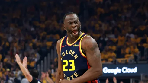 Draymond Green #23 of the Golden State Warriors reacts after making a shot against the Houston Rockets in Game Four of the Western Conference First Round NBA Playoffs at Chase Center
