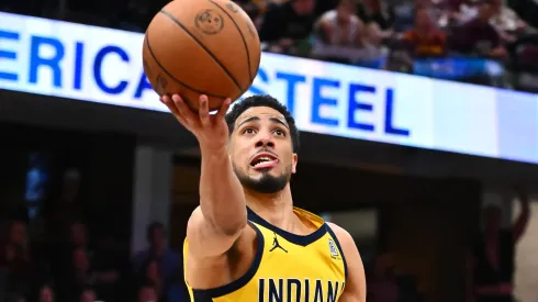 Tyrese Haliburton #0 of the Indiana Pacers shoots over Jarrett Allen #31 of the Cleveland Cavaliers during the fourth quarter of game one of the Eastern Conference Semifinals