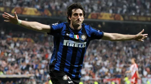 Diego Milito of Inter Milan celebrates after scoring the second goal during the UEFA Champions League Final match between FC Bayern Muenchen and Inter Milan in 2010.