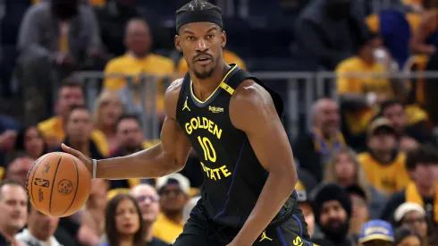 Jimmy Butler III #10 of the Golden State Warriors dribbles the ball against the Houston Rockets in Game Six of the Western Conference First Round NBA Playoffs at Chase Center on May 02, 2025 in San Francisco, California.