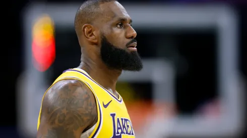 LeBron James #23 of the Los Angeles Lakers during a 103-96 loss to the Minnesota Timberwolves in Game Five of the Western Conference First Round NBA Playoffs at Crypto.com Arena on April 30, 2025 in Los Angeles, California.