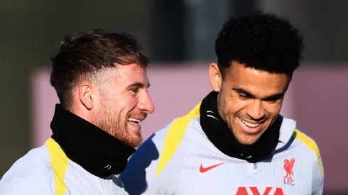 Alexis Mac Allister of Liverpool speaks to teammate Luis Diaz during the UEFA Champions League 2024/25 League Phase