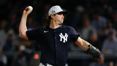 Gerrit Cole #45 of the New York Yankees throws a pitch in the second inning during a spring training game against the Toronto Blue Jays at George M. Steinbrenner Field on February 28, 2025 in Tampa, Florida.