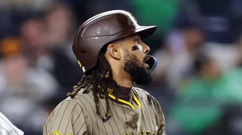 Fernando Tatis Jr. #23 of the San Diego Padres reacts after a called strike during the sixth inning against the New York Yankees at Yankee Stadium on May 05, 2025 in the Bronx borough of New York City.