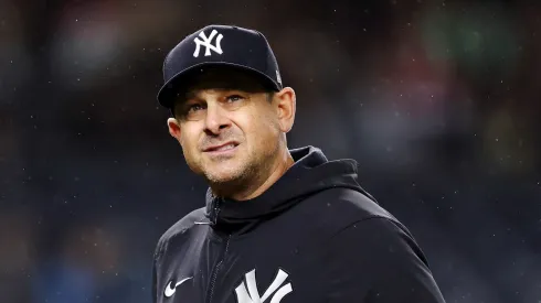 Manager Aaron Boone #17 of the New York Yankees looks on during the eighth inning against the San Diego Padres at Yankee Stadium on May 05, 2025 in the Bronx borough of New York City. The Padres won 4-3.