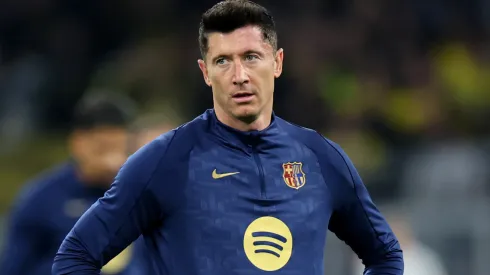 Robert Lewandowski of FC Barcelona looks on during the warm up prior to the UEFA Champions League 2024/25 Quarter Final Second Leg match between Borussia Dortmund and FC Barcelona at BVB Stadion Dortmund on April 15, 2025 in Dortmund, Germany.