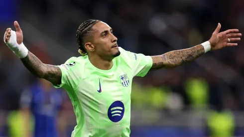 Raphinha celebrates his goal against Inter Milan in the Champions League semifinals