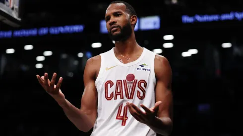 Evan Mobley #4 of the Cleveland Cavaliers reacts during the game against the Brooklyn Nets at Barclays Center.