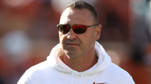 Head coach Steve Sarkisian of the Texas Longhorns looks on prior to a game against the Clemson Tigers in the Playoff First Round Game at Darrell K Royal-Texas Memorial Stadium on December 21, 2024 in Austin, Texas.