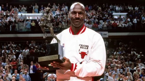 Michael Jordan with his fifth MVP award in his last season with the Chicago Bulls.