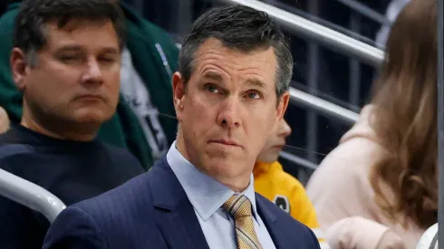 Head coach Mike Sullivan looks on during the first period of the Pittsburgh Penguins game against the Seattle Kraken at Climate Pledge Arena on October 29, 2022.