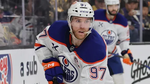 Connor McDavid #97 of the Edmonton Oilers skates with the puck against the Vegas Golden Knights in the second period of Game Two of the Second Round of the 2025 Stanley Cup Playoffs at T-Mobile Arena on May 08, 2025 in Las Vegas, Nevada.