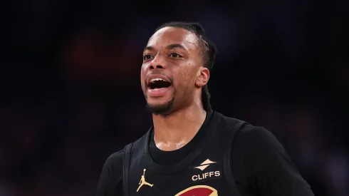 Darius Garland #10 of the Cleveland Cavaliers reacts during the first quarter of the game against the New York Knicks