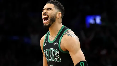 Jayson Tatum #0 of the Boston Celtics reacts after a play during the third quarter in Game Five of the Eastern Conference First Round NBA Playoffs against the Orlando Magic at TD Garden on April 29, 2025 in Boston, Massachusetts.
