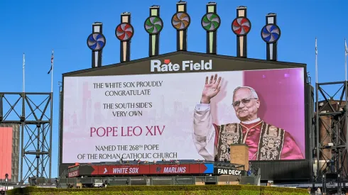 The outfield video board displays a congratulatory message for Pope Leo XIV before the game between the Miami Marlins and the Chicago White Sox at Rate Field on May 9, 2025 in Chicago, Illinois.