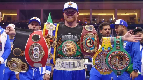 Saul "Canelo" Alvarez poses with his belts after beating William Scull to win the Super- Middleweight World Championship on the Fatal Fury City of Wolves card at ANB Arena on May 03, 2025 in Riyadh, Saudi Arabia.