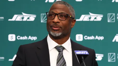New York Jets head coach Aaron Glenn is introduced to the media at Atlantic Health Jets Training Center on January 27, 2025 in Florham Park, New Jersey.