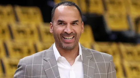 General manager of the Dallas Mavericks Nico Harrison looks on before the game of the Play-In Tournament against the Memphis Grizzlies at FedExForum on April 18, 2025 in Memphis, Tennessee.