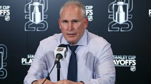 Head Coach Craig Berube of the Toronto Maple Leafs fields questions after a victory against the Florida Panthers in Game One of the Second Round of the 2025 Stanley Cup Playoffs at Scotiabank Arena on May 5, 2025 in Toronto, Ontario, Canada.