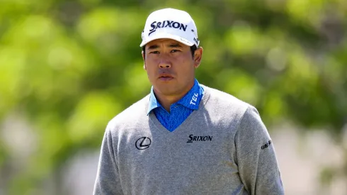 Hideki Matsuyama of Japan looks on while playing the third hole during the third round of the Truist Championship 2025 at The Wissahickon at Philadelphia Cricket Club on May 10, 2025.
