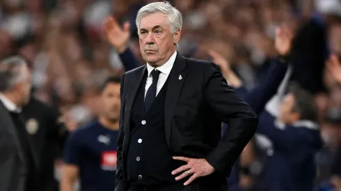 Carlo Ancelotti, Head Coach of Real Madrid, looks dejected during the LaLiga match between Real Madrid CF and Valencia CF at Estadio Santiago Bernabeu on April 05, 2025 in Madrid, Spain.