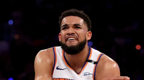 Karl-Anthony Towns #32 of the New York Knicks reacts against the Boston Celtics during the second quarter in Game Three of the Eastern Conference Second Round NBA Playoffs at Madison Square Garden