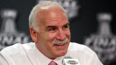 Head coach Joel Quenneville speaks to the media after defeating the Tampa Bay Lightning 2-1 with Chicago Blackhawks in Game Four of the 2015 NHL Stanley Cup Final.