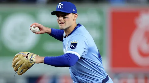 Michael Massey #19 of the Kansas City Royals fields a hit in the second inning by Oswald Peraza #18 of the New York Yankees at Yankee Stadium on April 15, 2025 in the Bronx borough of New York City. All players are wearing the number 42 in honor of Jackie Robinson Day.