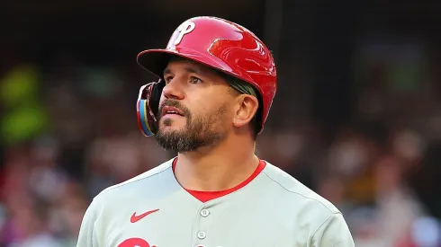 Kyle Schwarber #12 of the Philadelphia Phillies reacts after striking out in the first inning against the Atlanta Braves at Truist Park on April 09, 2025 in Atlanta, Georgia.