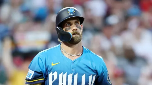 Bryce Harper #3 of the Philadelphia Phillies at bat during a game against the Arizona Diamondbacks at Citizens Bank Park on May 02, 2025 in Philadelphia, Pennsylvania.