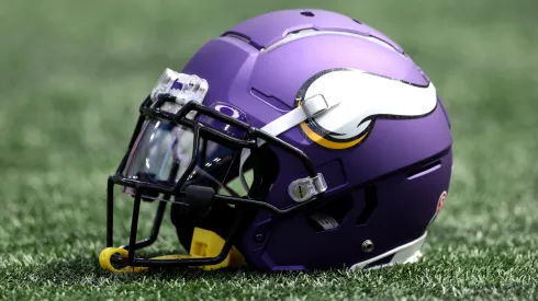 A detailed view of a Minnesota Vikings helmet before the game against the New York Giants at MetLife Stadium on September 08, 2024 in East Rutherford, New Jersey.