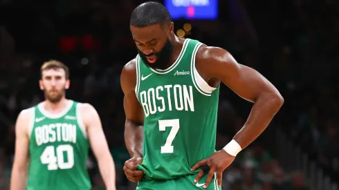 Jaylen Brown #7 of the Boston Celtics reacts during the second quarter against the New York Knicks in Game Two of the Eastern Conference Second Round NBA Playoffs at TD Garden on May 07, 2025 in Boston, Massachusetts.