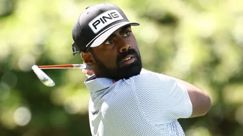 Sahith Theegala of the United States plays his shot from the sixth tee during the second round of the RBC Heritage 2025 at Harbour Town Golf Links on April 18, 2025.