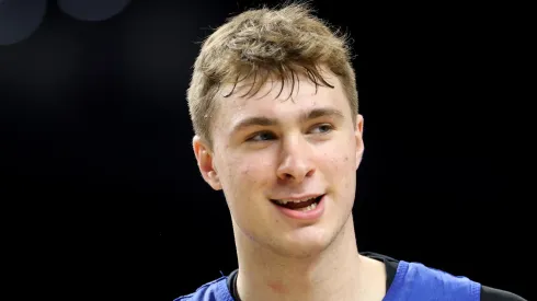 Cooper Flagg #2 of the Duke Blue Devils warms up during a practice session ahead of the Final Four in the NCAA Men's Basketball Tournament at Alamodome on April 04, 2025 in San Antonio, Texas.