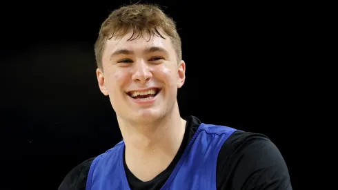 Cooper Flagg #2 of the Duke Blue Devils warms up during a practice session ahead of the Final Four in the NCAA Men's Basketball Tournament at Alamodome on April 04, 2025 in San Antonio, Texas.