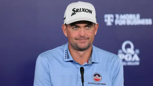 Keegan Bradley of the United States speaks to the media prior to the PGA Championship at Quail Hollow Country Club on May 13, 2025.
