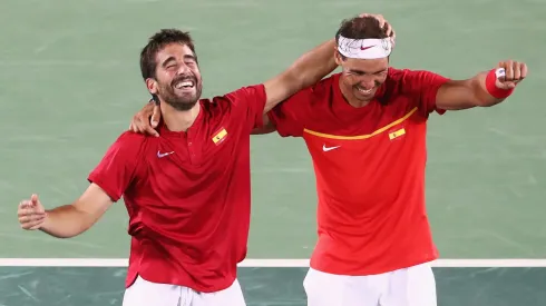 Marc Lopez and Rafael Nadal celebrate their triumph at the 2016 Rio Olympics