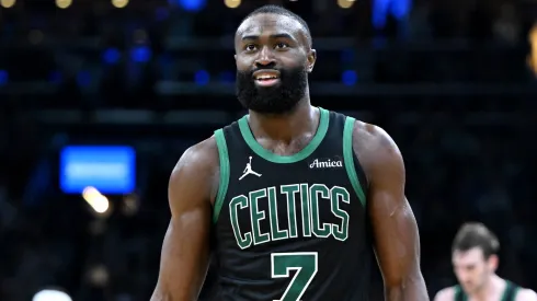 Jaylen Brown #7 of the Boston Celtics reacts against the New York Knicks during Game 5 of the NBA Playoffs.