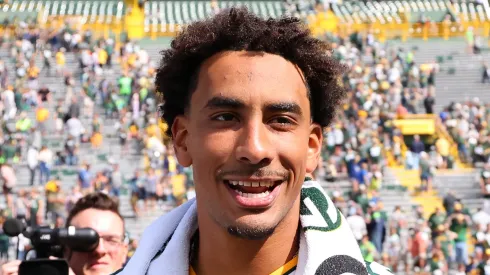 Jordan Love #10 of the Green Bay Packers leaves the field following a preseason game against the Seattle Seahawks at Lambeau Field on August 26, 2023 in Green Bay, Wisconsin.