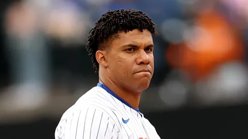 Juan Soto #22 of the New York Mets reacts after the inning ended during the home opener against the Toronto Blue Jays at Citi Field on April 04, 2025 in the Flushing neighborhood of the Queens borough of New York City. The New York Mets defeated the Toronto Blue Jays 5-0.