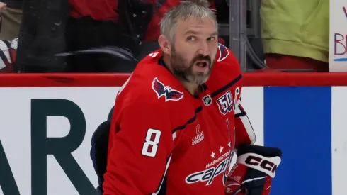 Alex Ovechkin #8 of the Washington Capitals warms up prior to Game Five of the Second Round of the 2025 Stanley Cup Playoffs.